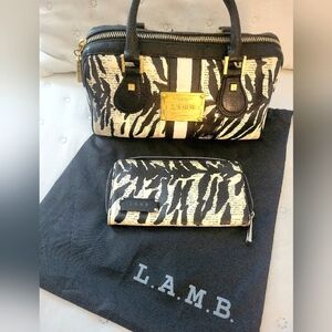 Vtg L.A.M.B. Gwen Stefani Zebra Newsprint Speedy Satchel Bag & Matching Wallet